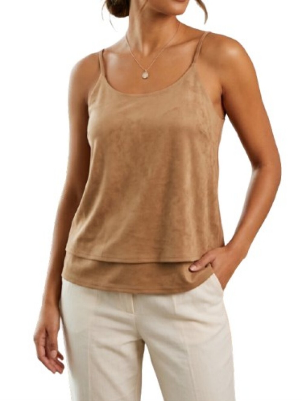 Stella Luce Brown Cami Blouse Layered Faux Suede Look Racerback Solid